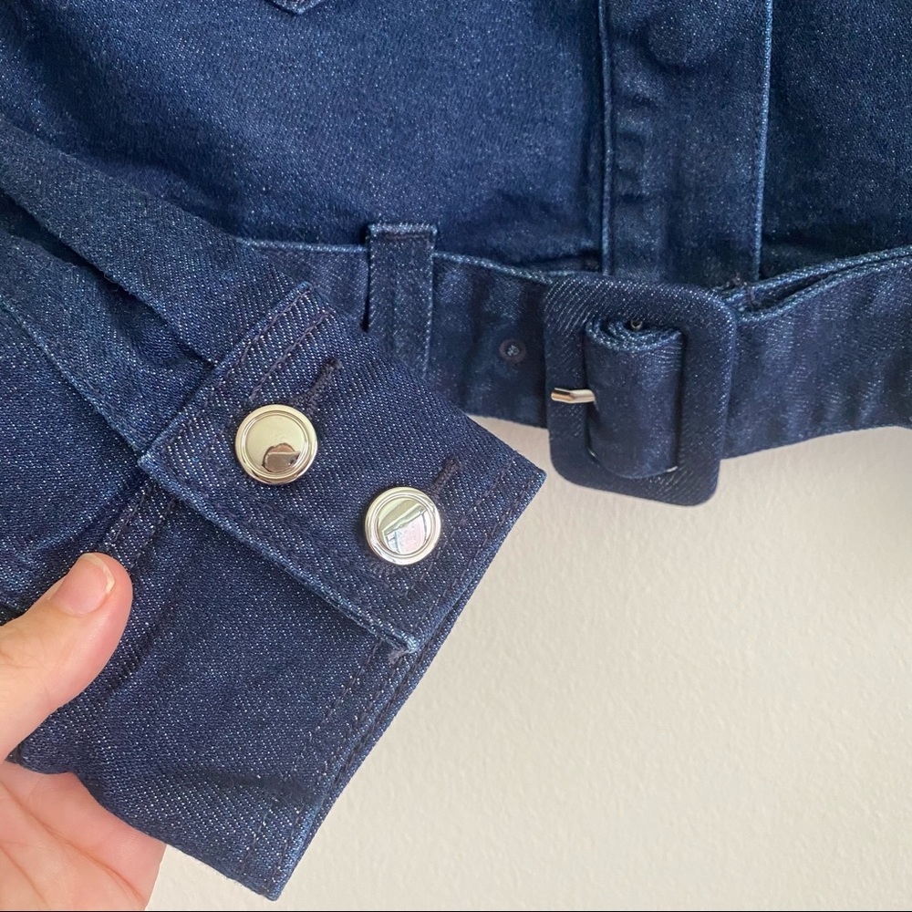 Good American The 70s Icon Belted Cropped Denim Jacket Deep Blue 0 XS NWT - Picture 10 of 16